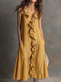 Vestido de Verano Sin Mangas con escote en V, volante y liso - Albaricoque