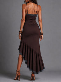 Vestido Largo Retro Marrón con remate de encaje, volantes y abertura - Marrón