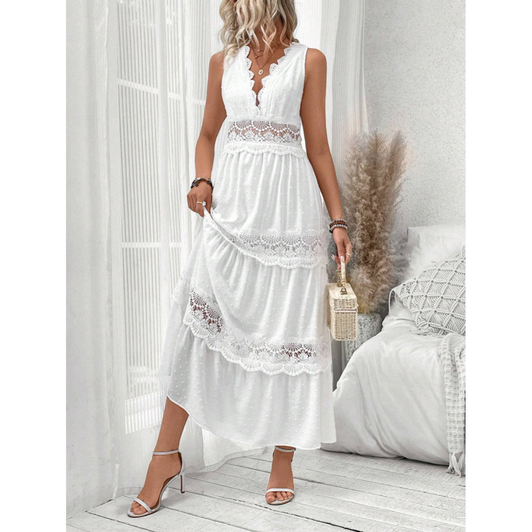 Vestido Largo Blanco Sin Mangas con paneles de encaje y escote en V - Blanco