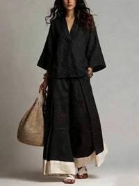 Conjunto con escote en V, color block y pierna ancha - Blanco