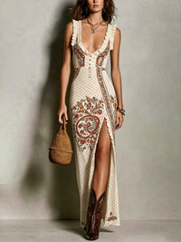 Vestido Estampado Boho con escote en V, abertura alta y estampado - Negro