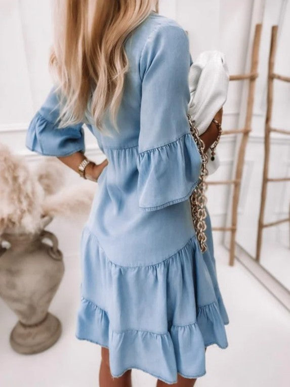 Minivestido Azul con algodón, corte en A, vaquero y liso - Azul