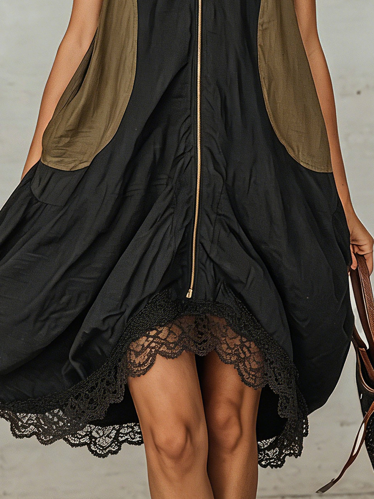 Minivestido Negro con color block y cremallera delantera - Negro