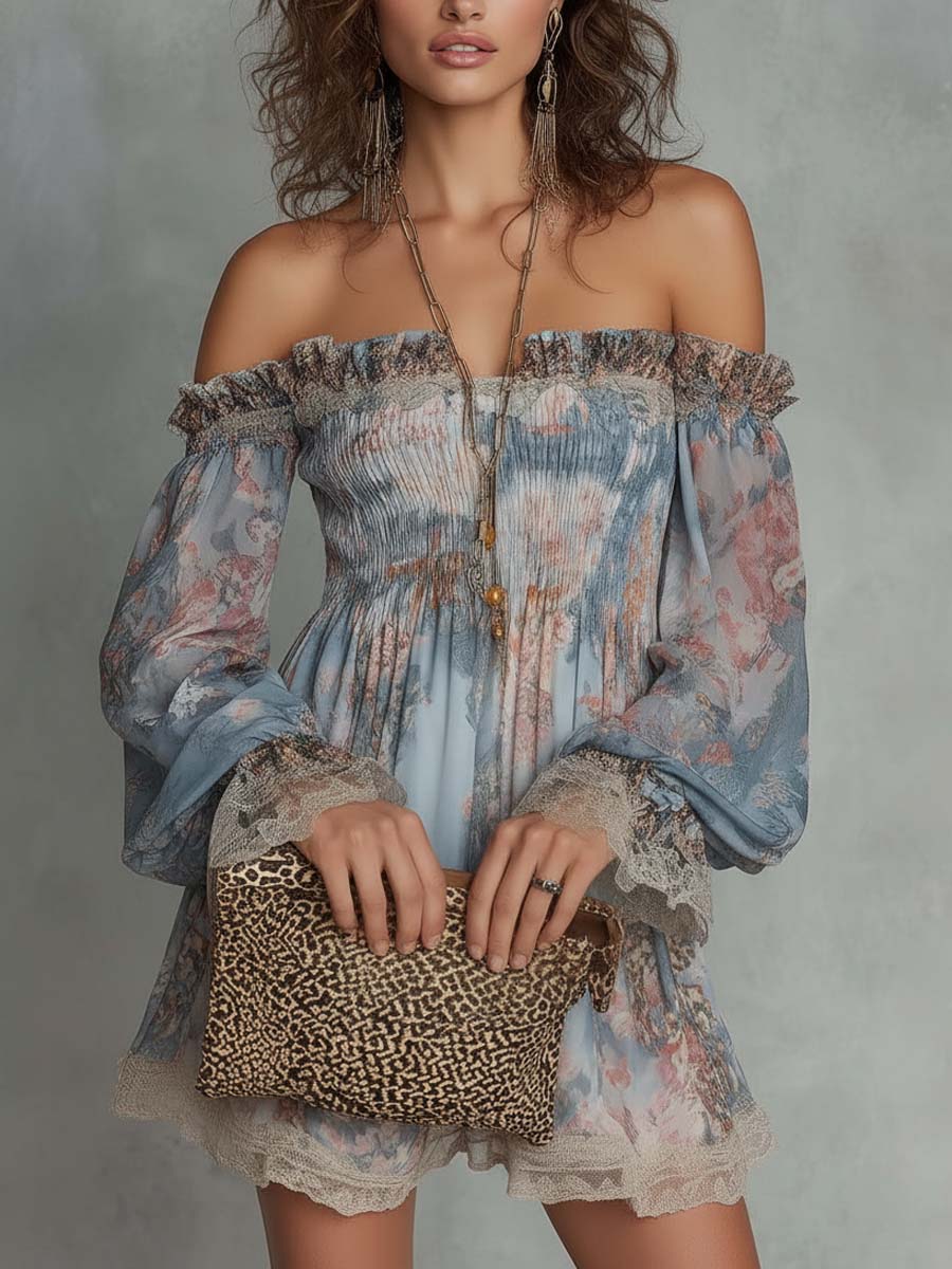 Vestido Estampado Romántico Azul con hombros descubiertos, fruncido, gasa y floral - Azul