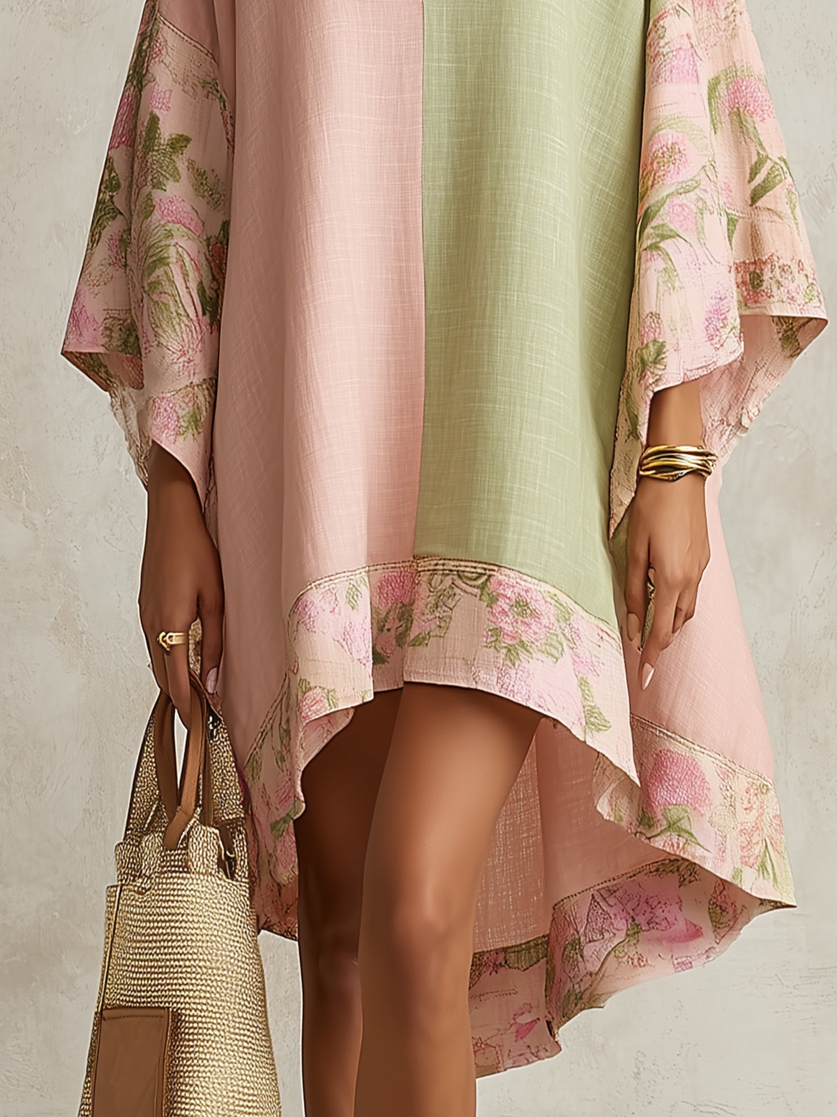 Vestido Estampado Rosa con color block, ribete y floral - Rosa