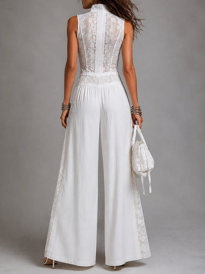 Mono Vintage Blanco con cuello mao, pierna ancha y encaje - Blanco