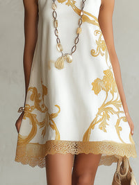 Vestido Estampado Blanco con remate de encaje y estampado - Blanco
