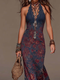 Vestido Estampado Retro Azul Marino con encaje, escote halter y floral - Azul Marino