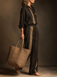 Conjunto de Dos Piezas Retro Negro con color block y a rayas - Negro