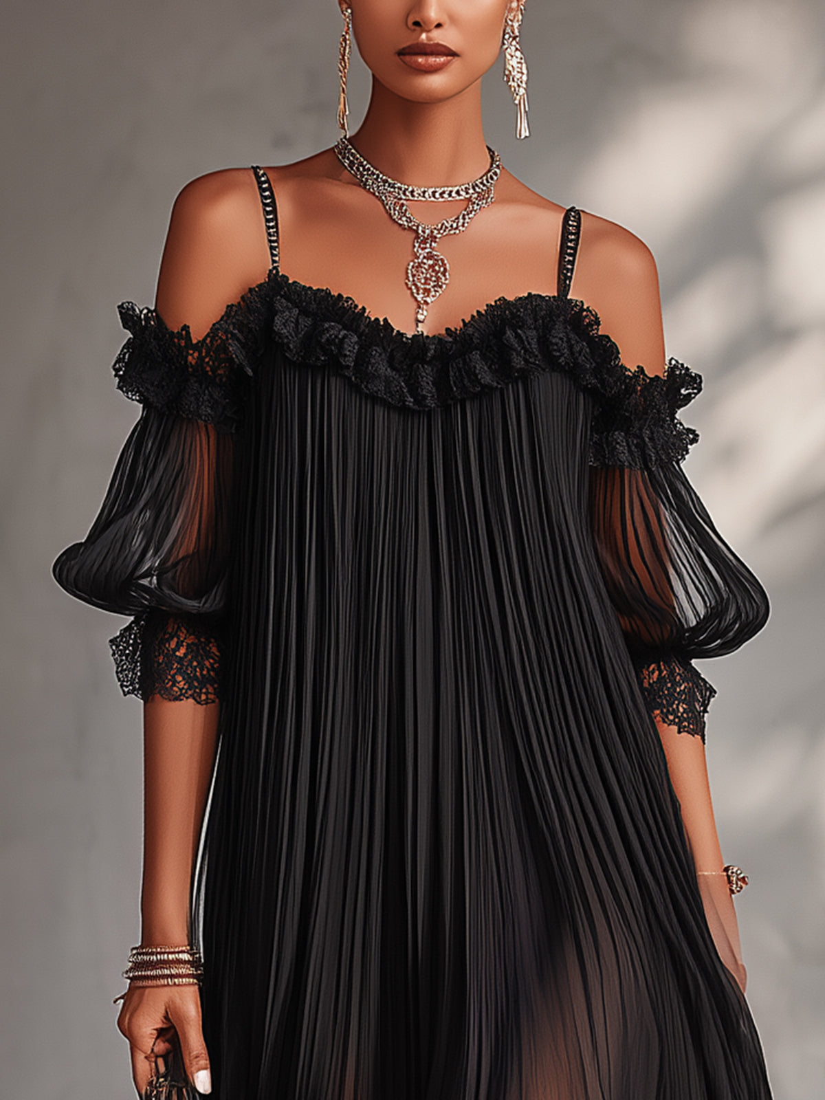 Minivestido Negro con hombros descubiertos, gasa y remate de encaje - Negro