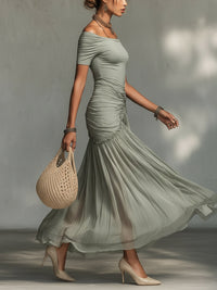 Vestido Largo Gris con gasa - Gris
