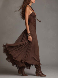 Vestido Largo Marrón con paneles de encaje y gasa - Marrón