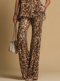 Conjunto de Pantalón Elegante Marrón Sin Mangas con estampado de leopardo, gasa y estampado - Marrón