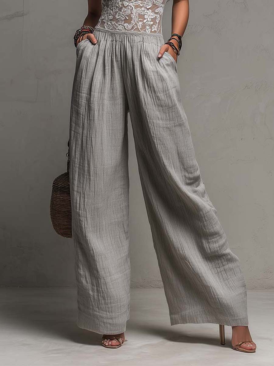 Mono Boho Gris con remate de encaje, plisado y pierna ancha - Gris