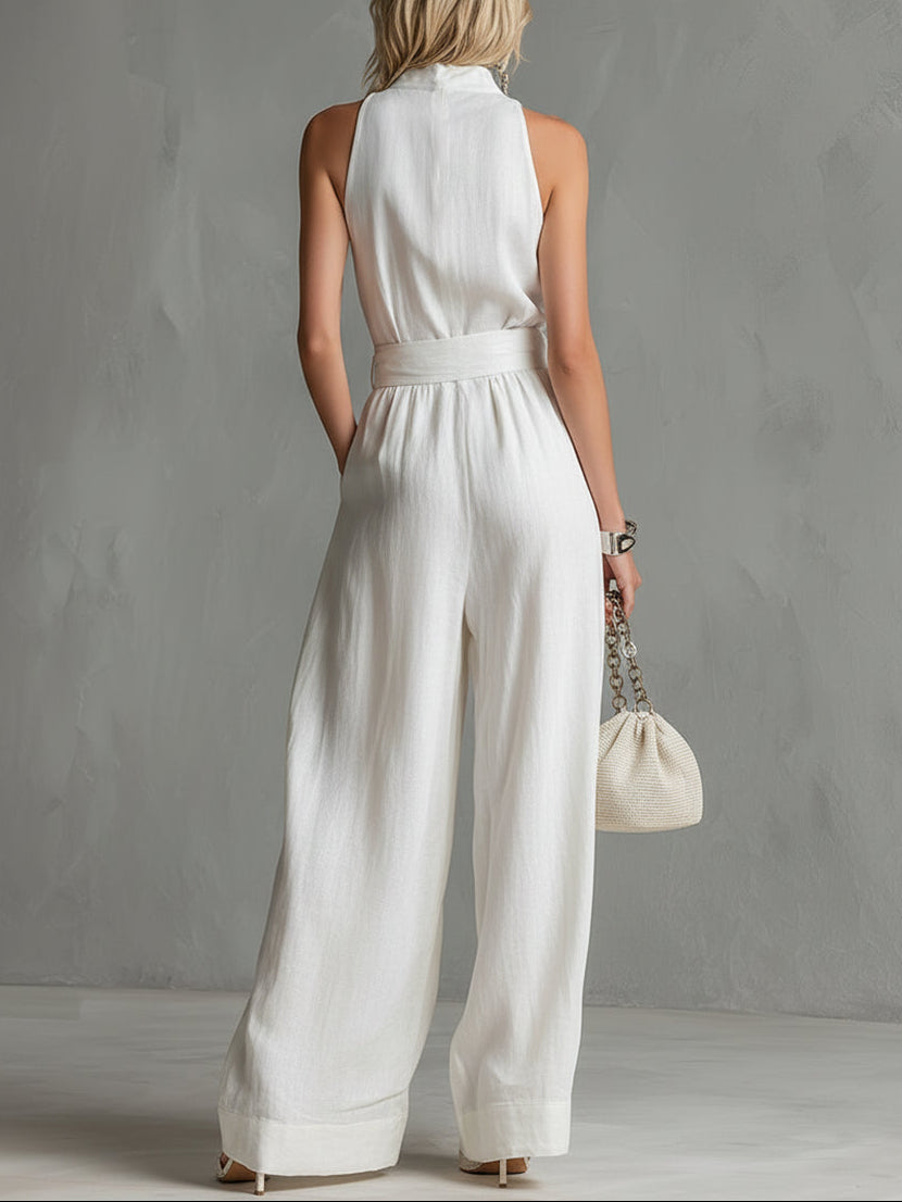Mono Elegante Blanco Sin Mangas con cinturón y pierna ancha - Blanco