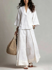 Conjunto con escote en V, color block y pierna ancha - Rosa