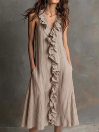 Vestido de Verano Sin Mangas con escote en V, volante y liso - Albaricoque