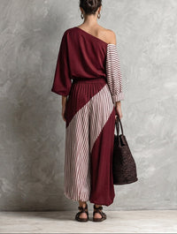 Conjunto de Dos Piezas Elegante Rojo con a rayas y un solo hombro - Rojo