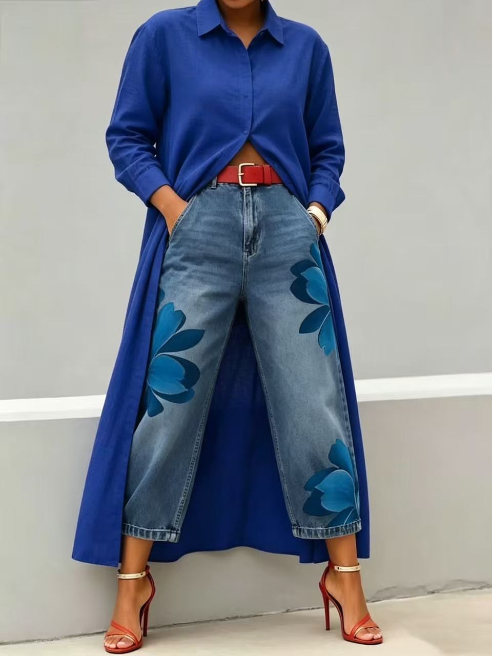 Conjunto con pierna ancha, vaquero y floral - Rojo