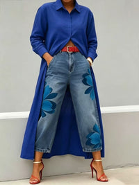 Conjunto con pierna ancha, vaquero y floral - Rojo