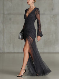 Vestido Largo Gris Oscuro Manga Larga con encaje, fruncido, transparente y abertura - Gris Oscuro