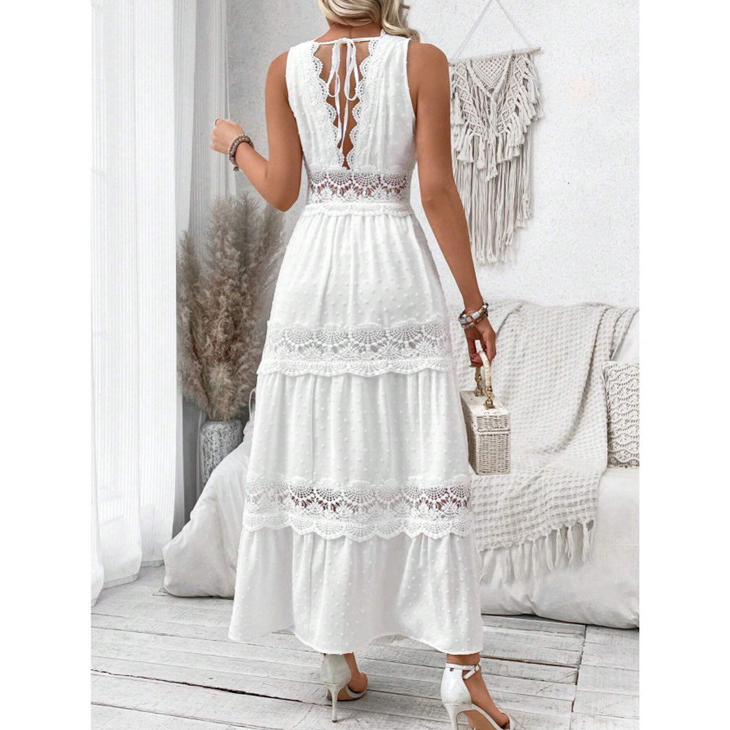 Vestido Largo Blanco Sin Mangas con paneles de encaje y escote en V - Blanco