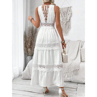 Vestido Largo Blanco Sin Mangas con paneles de encaje y escote en V - Blanco