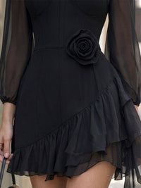 Minivestido Elegante Negro con transparente y volantes - Negro