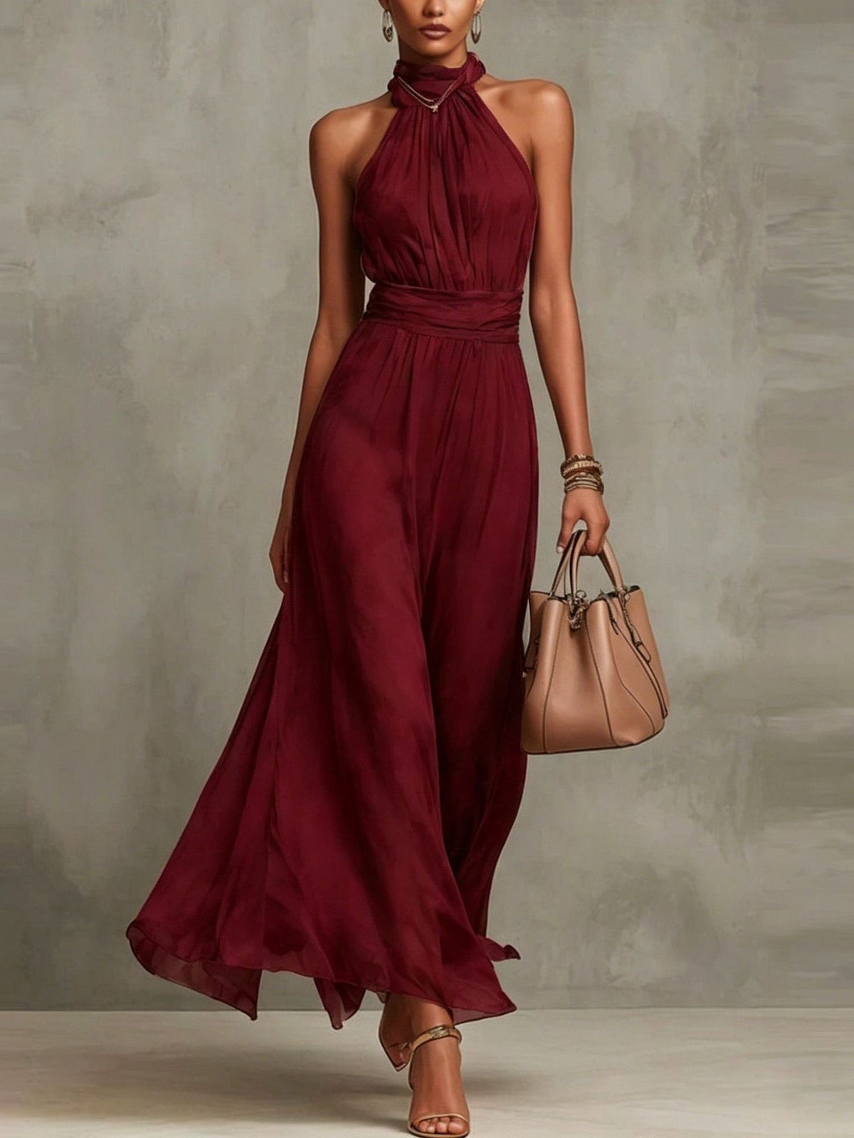 Vestido Largo con gasa, escote halter y liso - Rojo Vino