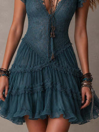 Minivestido Retro Azul con encaje, gasa y volantes - Azul