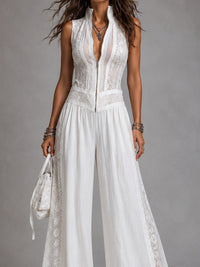 Mono Vintage Blanco con cuello mao, pierna ancha y encaje - Blanco
