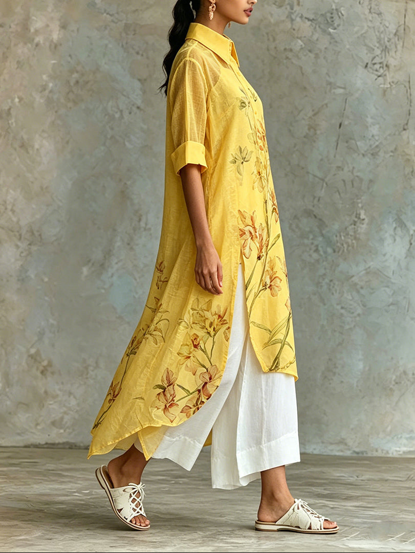 Conjunto de Dos Piezas Casual Amarillo Manga Corta con floral - Amarillo