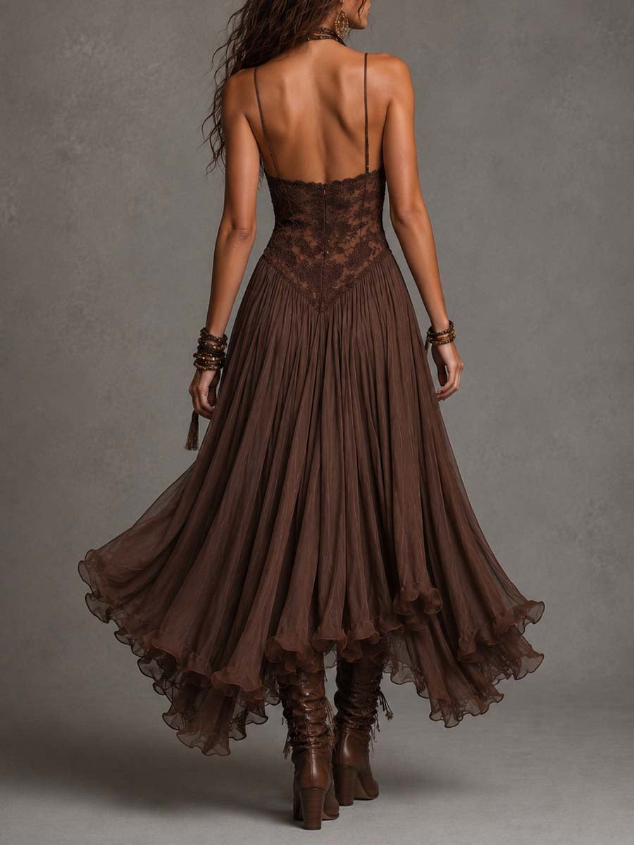 Vestido Largo Marrón con paneles de encaje y gasa - Marrón