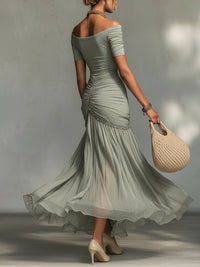 Vestido Largo Gris con gasa - Gris