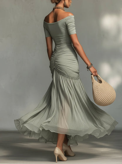 Vestido Largo Gris con gasa - Gris