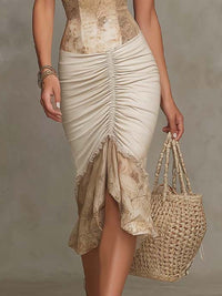 Vestido Estampado Boho Beige con remate de encaje y fruncido - Beige