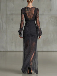 Vestido Largo Gris Oscuro Manga Larga con encaje, fruncido, transparente y abertura - Gris Oscuro
