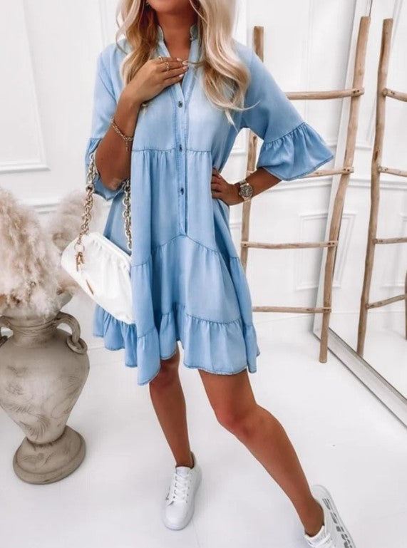 Minivestido Azul con algodón, corte en A, vaquero y liso - Azul