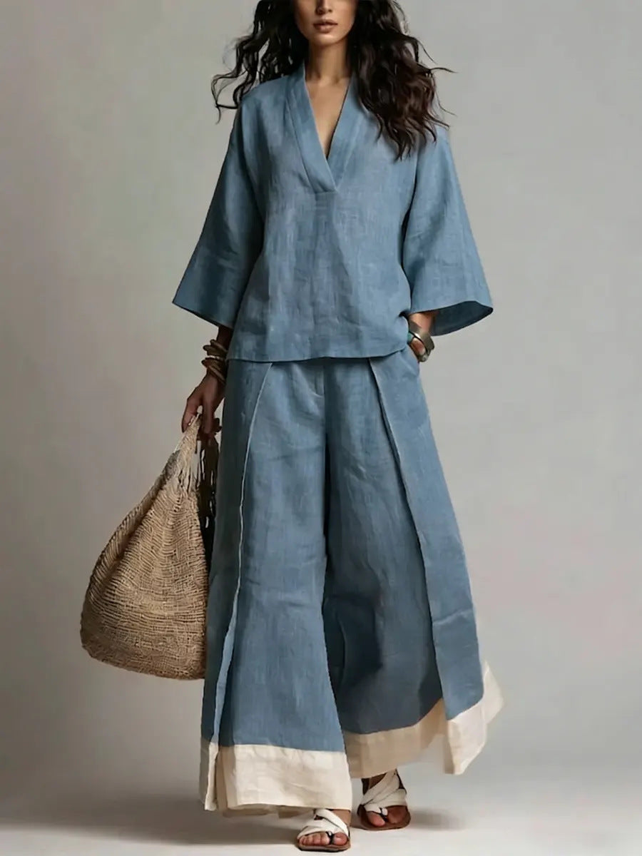 Conjunto con escote en V, color block y pierna ancha - Blanco