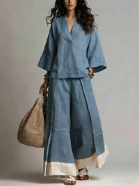 Conjunto con escote en V, color block y pierna ancha - Blanco