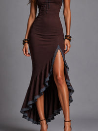 Vestido Largo Retro Marrón con remate de encaje, volantes y abertura - Marrón