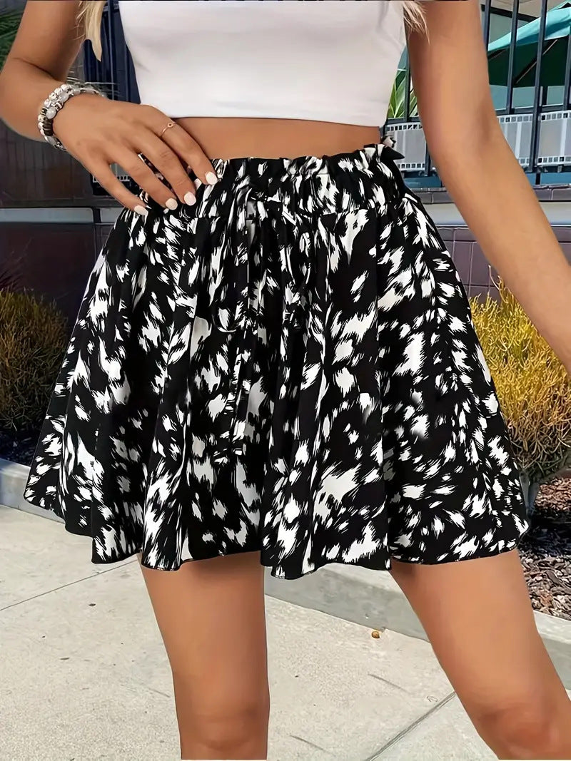 Short Elegante con pierna ancha, cordón de ajuste y estampado - Naranja