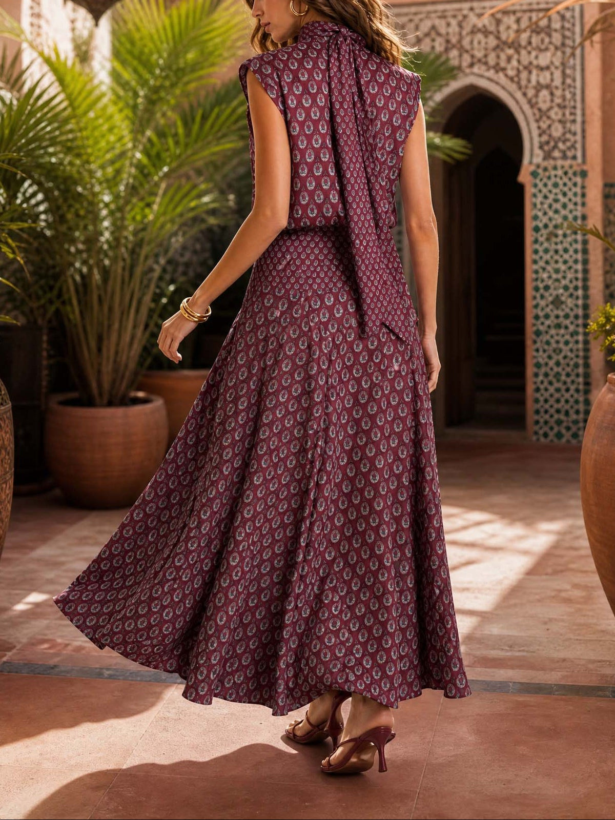 Conjunto de Dos Piezas Retro Morado con caída fluida y estampado - Morado