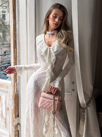 Vestido Largo Blanco Manga Larga con escote en V, encaje, algodón y punto - Blanco