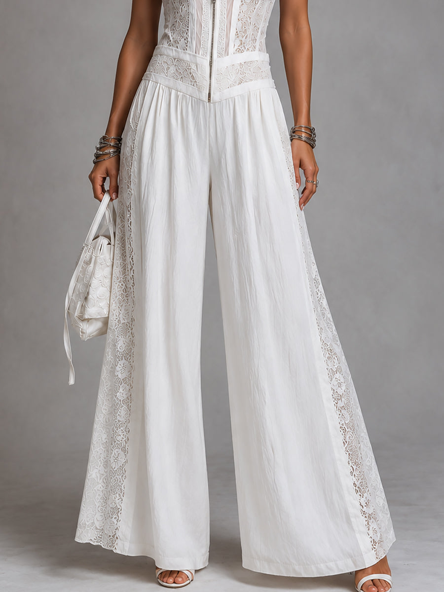 Mono Vintage Blanco con cuello mao, pierna ancha y encaje - Blanco