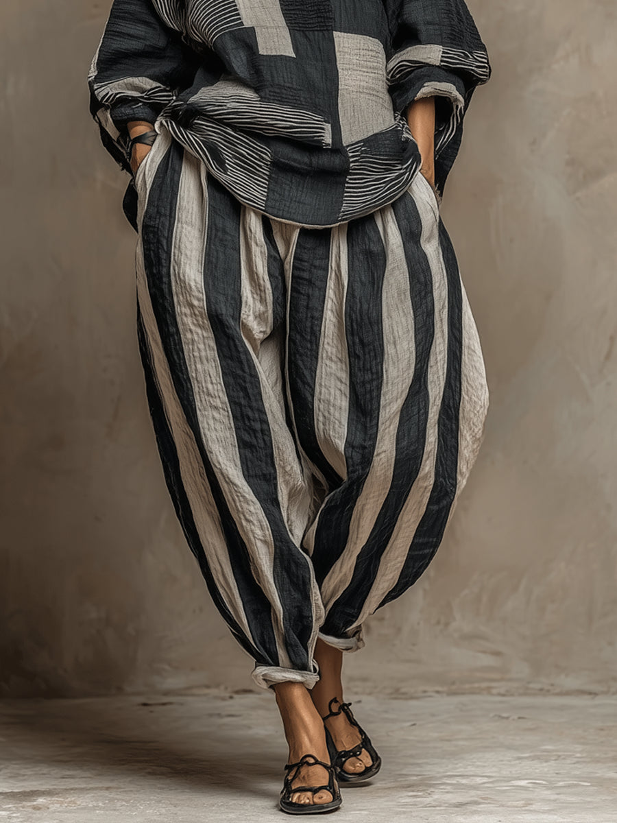 Conjunto de Pantalón Casual Negro Manga Larga con color block y estampado - Negro
