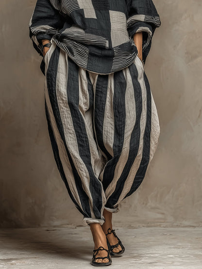 Conjunto de Pantalón Casual Negro Manga Larga con color block y estampado - Negro