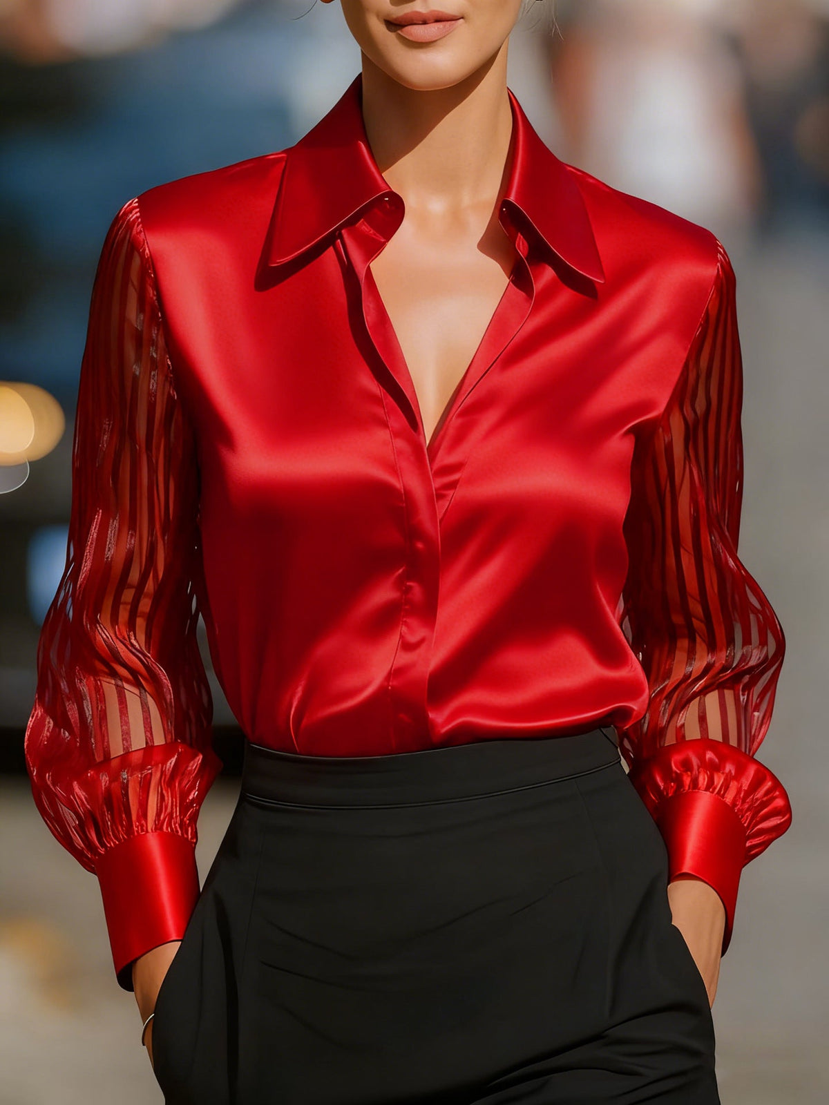 Blusa Manga Larga con satén - Negro
