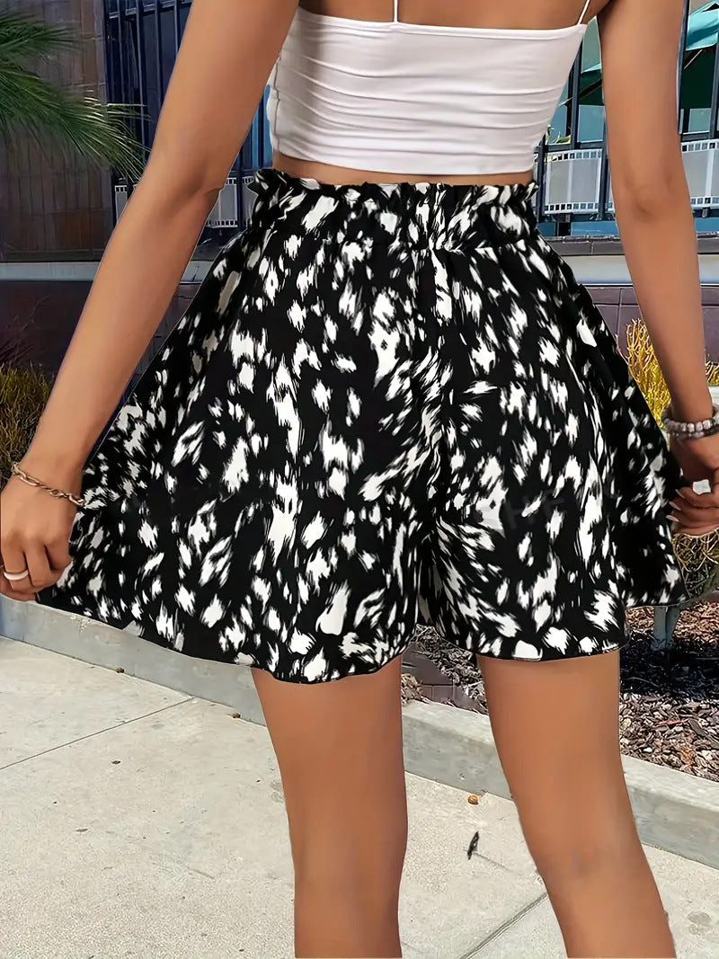 Short Elegante con pierna ancha, cordón de ajuste y estampado - Naranja