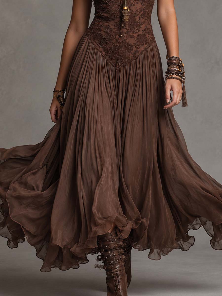 Vestido Largo Marrón con paneles de encaje y gasa